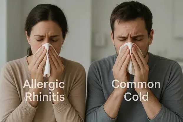 Side-by-side comparison of woman with allergic rhinitis and man with common cold blowing nose at Center of ENT Lahore