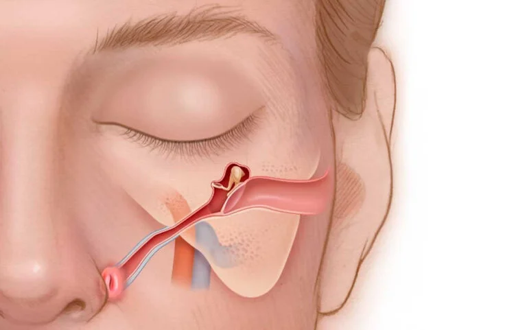 Medical cross-section illustration of the Eustachian tube connecting middle ear to nasopharynx