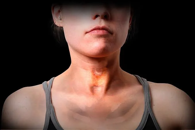 Woman with highlighted glowing windpipe and larynx area showing throat inflammation at Center of ENT Lahore