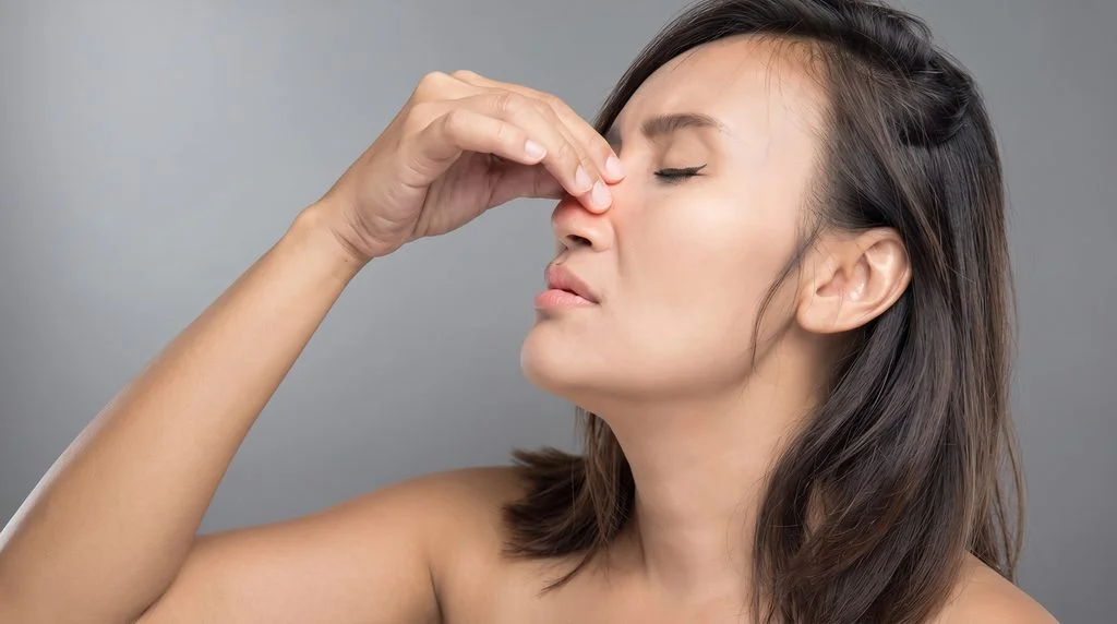 Woman pinching nose in pain from nasal blockage and deviated septum at Center of ENT Lahore